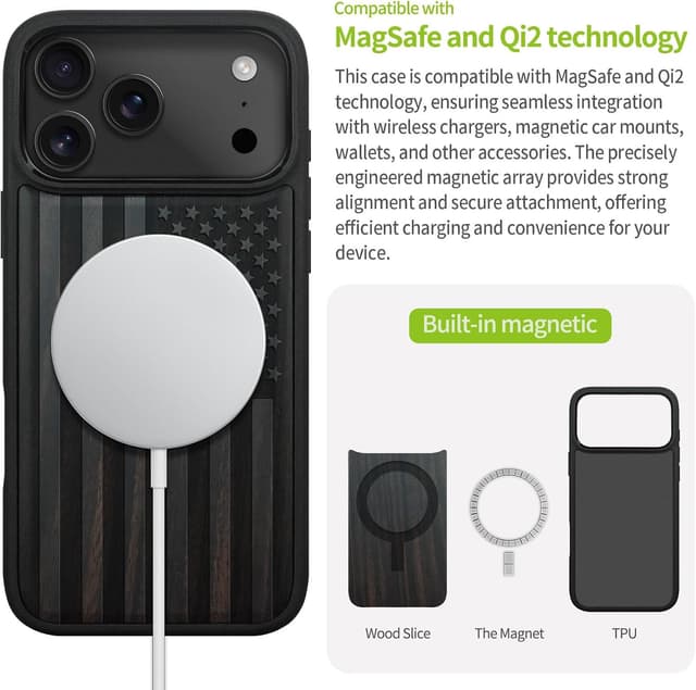 Detalle de Carveit Magnetic Wooden Case for iPhone 17 Pro Max — Laser-Engraved Wood + Soft TPU (MagSafe Compatible) — Classic American Flag Blackwood