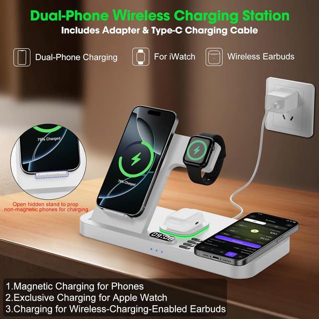 Detalle 2 de Dual Phone Wireless Charging Station for Apple Devices (Magnetic Charging) with 7-Color Light & 12-Hour Clock