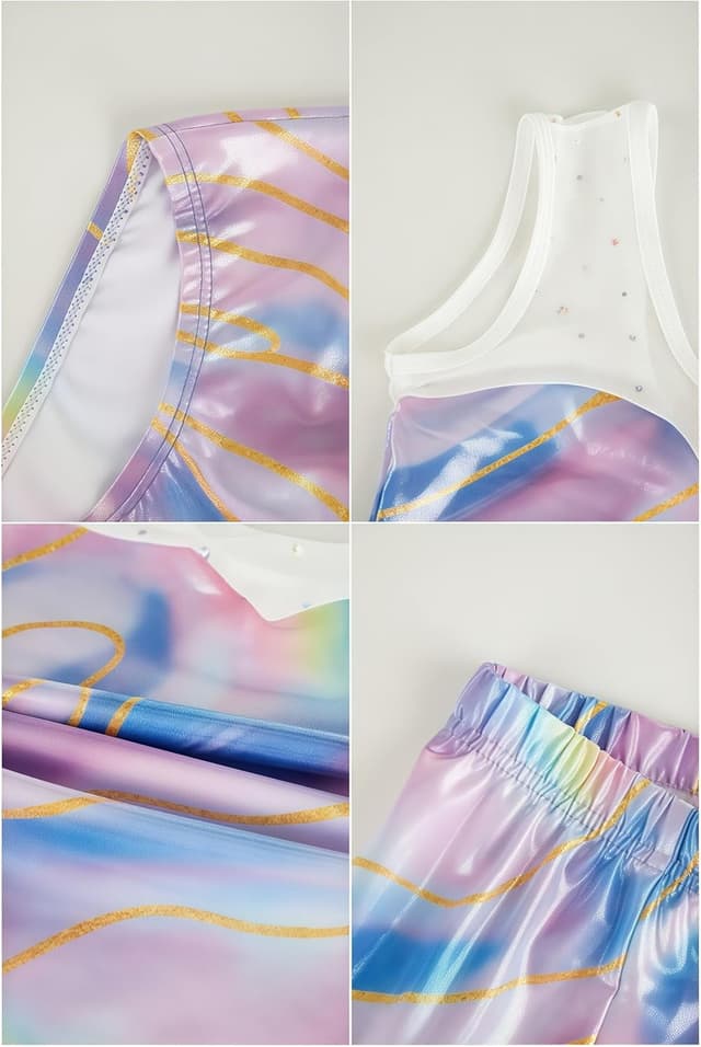Detalle de Girls’ three-piece gymnastics leotard set with sparkling gradient design (leotard, shorts & hairband)