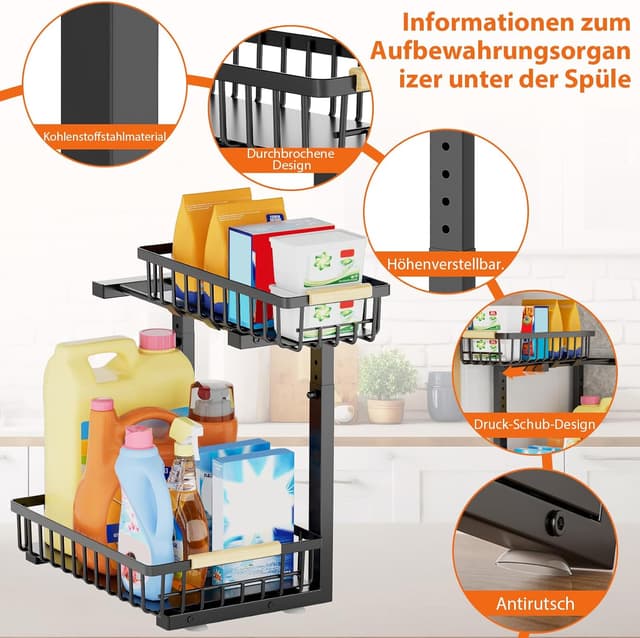 Detalle de OUUTMEE Küchen Organizer für unter dem Spülbecken – 2er-Set, höhenverstellbar 35,5–43 cm, Metall schwarz