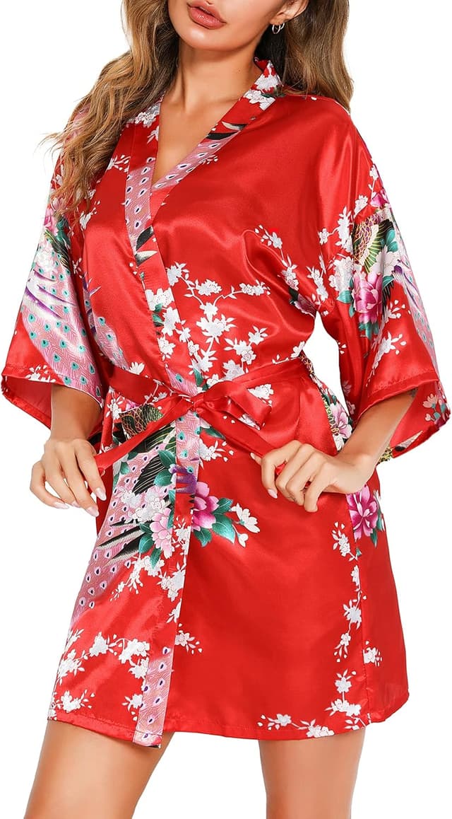 Detalle de Kimono japonais femme Vlazom en satin, court mariage (peignoir pour la mariée et demoiselles)