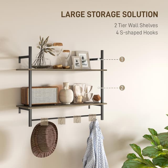 Detalle de HOMCOM Floating Shelves wall-mounted shelf with 4 hooks (80cm) in grey