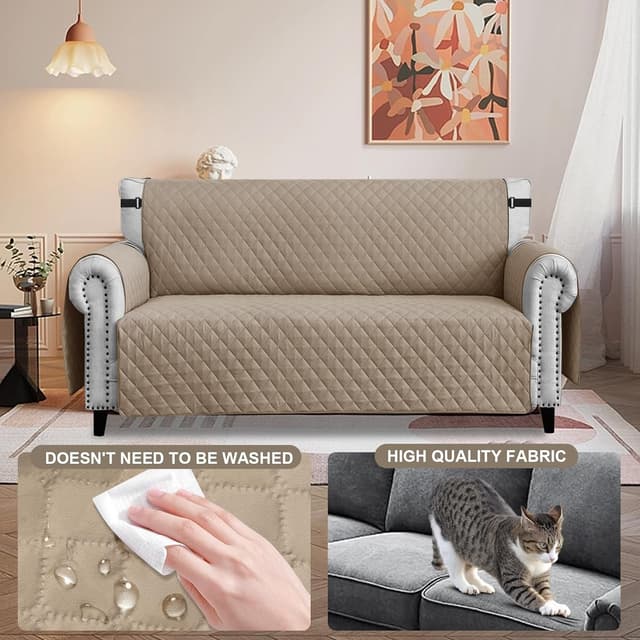 Detalle de FIGOOO Copridivano impermeabile 1 posto trapuntato con tasche laterali color cachi