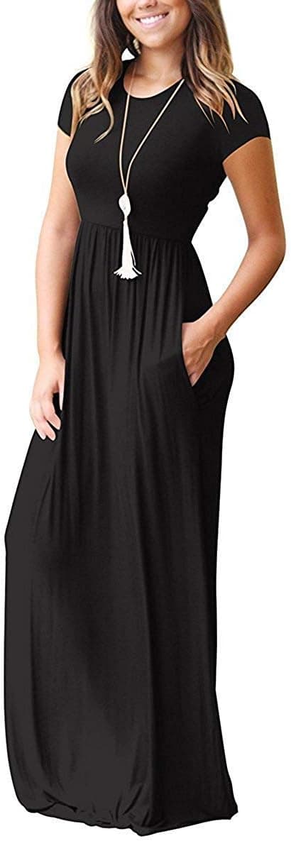 Detalle de AUSELILY Women's Classic Short Sleeve Loose Maxi Dress with Pockets (Jersey, Elastic Waist)