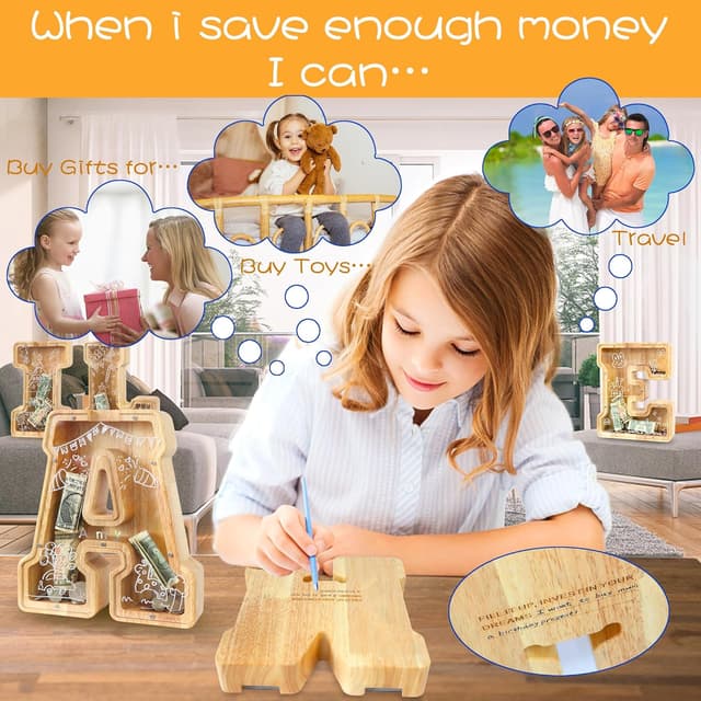 Detalle de Lakpopya personalisierte Spardose aus Holz für Kinder (transparentes Acryl, Zielbereich, A-Z Buchstabe) – Taufgeschenk & Deko