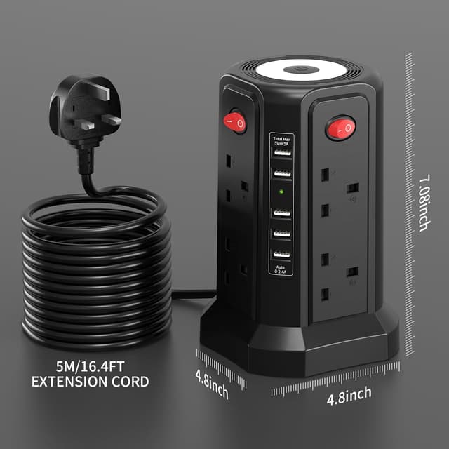 Detalle de Extension Lead 5m with USB Ports and Night Light, 8-way Tower Surge Protected (13A 3250W) – 5 USB Ports + 4 Independent Switches
