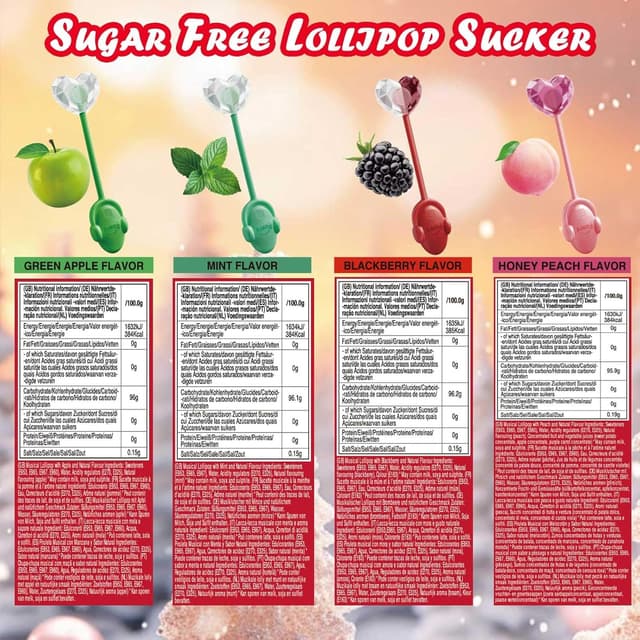 Detalle 2 de AMOS Sucette Musicale Mûre & Pêche & Menthe & Pomme – coffret de 4 bonbons audio, Noël, sans sucre