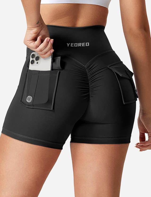 Detalle de YEOREO CoreFlex Scrunch Workout Shorts with Pockets (High-Waisted Biker Shorts for Women)