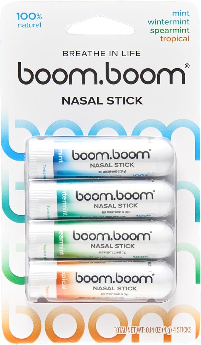 Detalle de BoomBoom Nasal Stick (Vapor Flow Technology) Essential Oils + Menthol Inhaler — Mint, Wintermint, Tropical, Spearmint