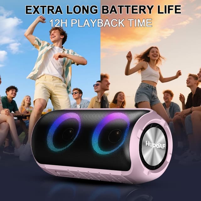 Detalle de Hupoaf portable Bluetooth speaker with Bluetooth 5.3, IPX7 waterproofing, 12-hour playback and RGB lights