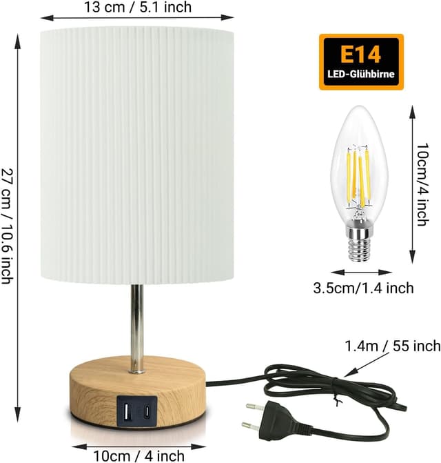 Thumbnail 6 de HSLighting Touch-dimmbare Nachttischlampe mit USB A+C Schnellladen (E14 LED, 3 Helligkeitsstufen) – 2er-Set