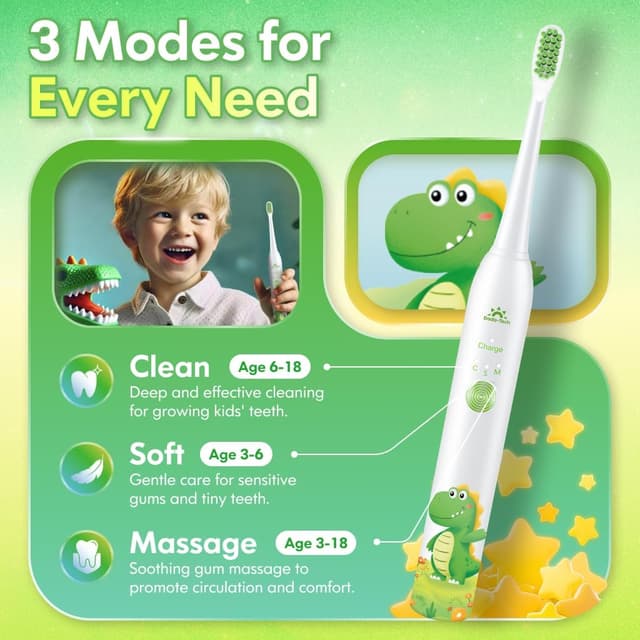Detalle 2 de Dada-Tech Kids Electric Toothbrush (Dinosaur White) – Rechargeable with 2-Minute Timer, 3 Modes & Reward Stickers