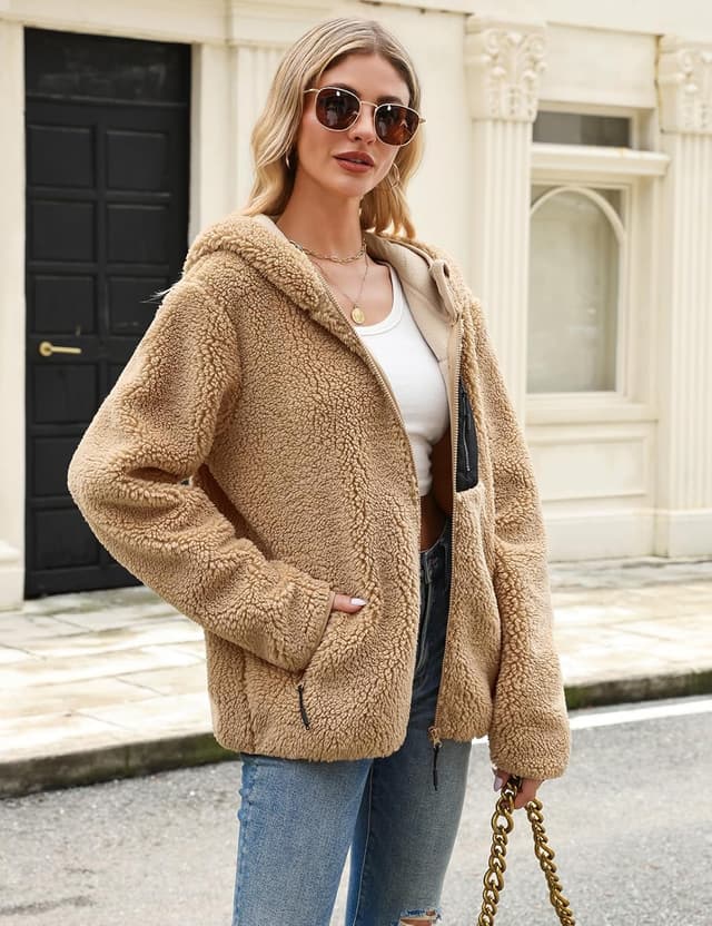 Detalle de Tuopuda Teddyfell Jacke Damen Zipper Hoodie