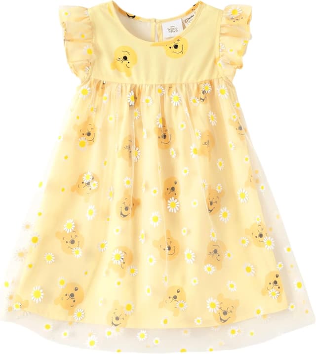 Detalle de Disney Winnie the Pooh Toddler Girl Dress with Tulle Skirt, Ruffle Sleeves & Soft Mesh Fabric