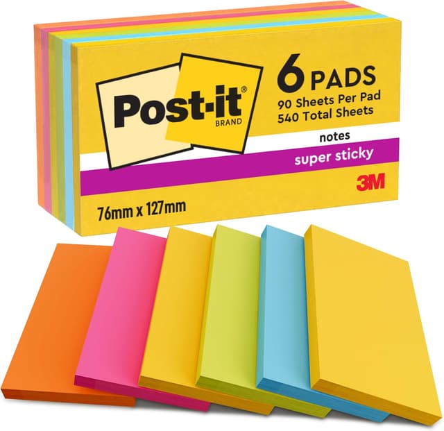 Detalle de Post-it Super Sticky Notes (76 mm x 127 mm) – Super Sticky 6-pack, 540 sheets in bright colours
