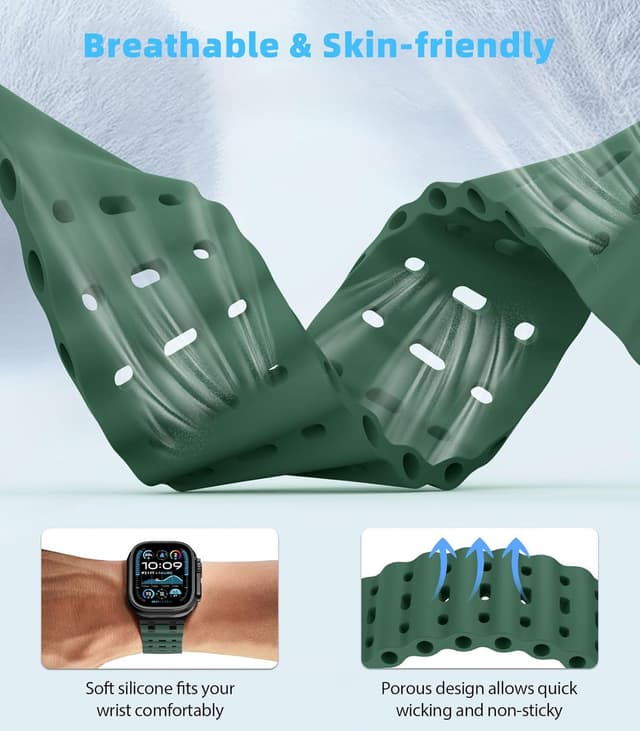 Detalle de MoKo Cinturino Ocean in silicone traspirante per Apple Watch Ultra 3/2/1 e Series/S.E 49–42 mm