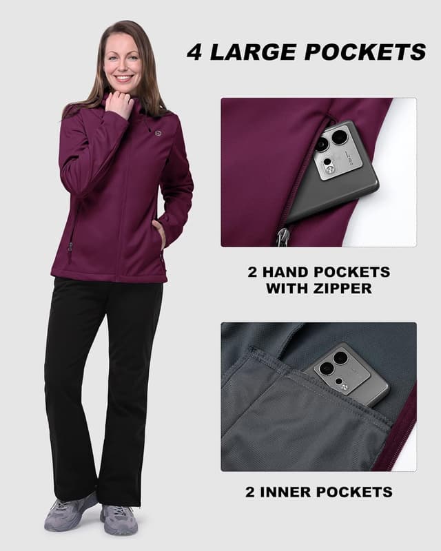 Detalle 2 de Outdoor Ventures Damen wasserdichte Softshelljacke mit Kapuze – Winddicht für Radfahren & Wandern