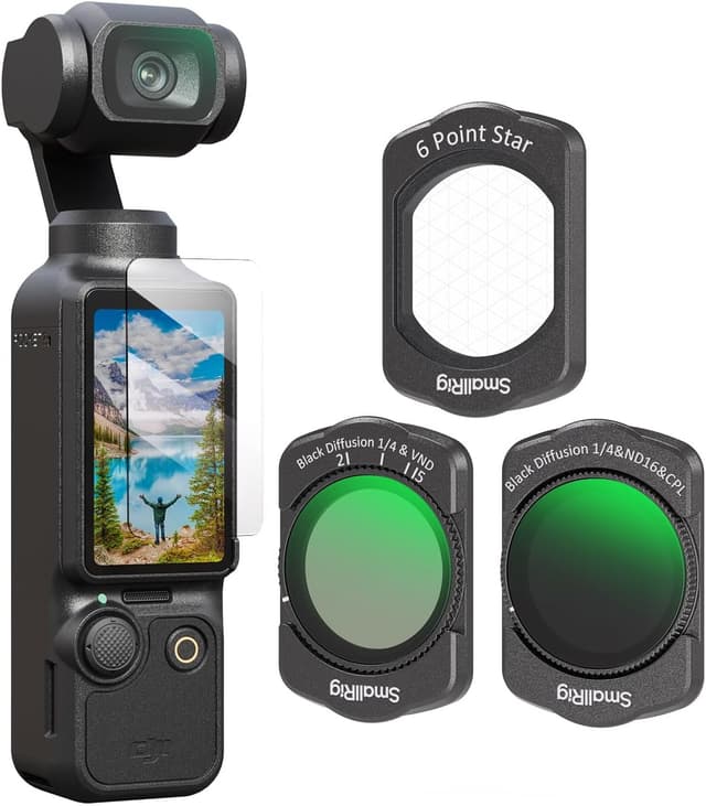 Detalle de SmallRig Ensemble de filtres magnétiques pour DJI Osmo Pocket 3 : diffusion noire 1/4 + ND/CPL, VND, filtre étoile 6 points et protecteur d’écran