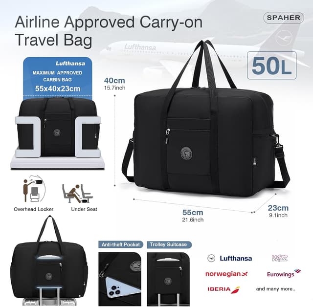 Detalle de SPAHER sac de voyage cabine 55x40x23 cm avec bandoulière amovible, trousse et grand sac à chaussures