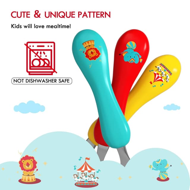 Detalle de Lehoo Castle KinderBesteck 6-teilig aus Edelstahl und Kunststoff (ab 1 Jahr) – Löffel, Gabel & Messer