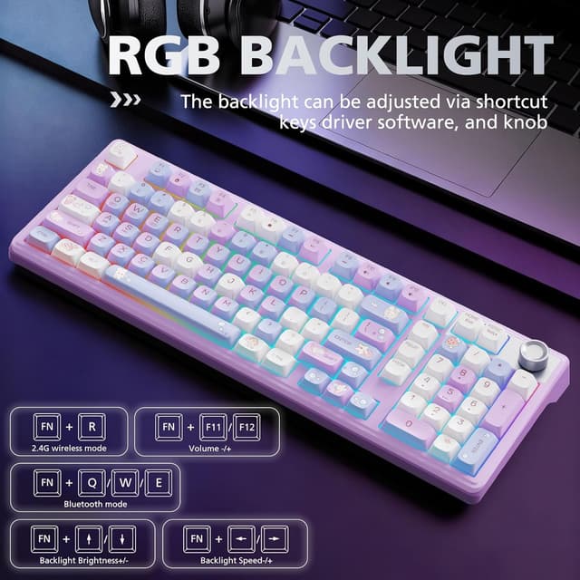 Detalle 2 de ROYALAXE F98 Creamy 98% Wireless Mechanical Keyboard with Number Pad, Knob, and RGB (Hot-Swappable)