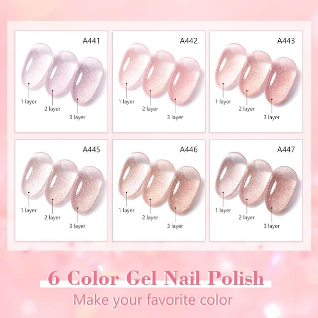 Detalle de Shining She UV-Glitzer-Jelly-Nagellack (6 Farben) – holografischer Schimmer in Nude-Rosa, Soak-off Gel, 8 ml