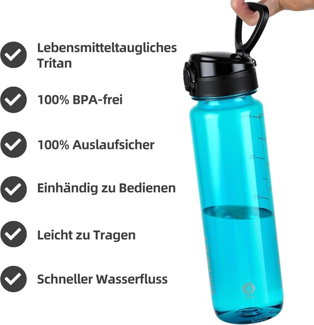 Detalle de OLDLEY 1-Liter-Wasserflasche mit Sieb – auslaufsichere Tritan-Sportflasche (BPA-frei) für Sport & Alltag