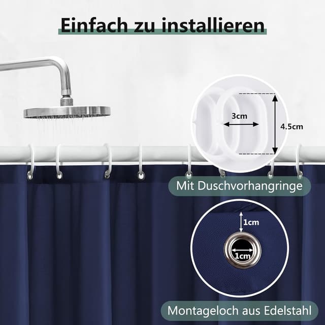 Detalle 2 de REDKEY Duschvorhang 120x180 cm (Anti-Schimmel) mit 8 Haken, waschbar, wasserabweisend – Dunkelblau