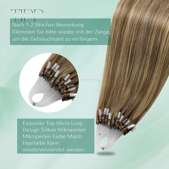 Detalle de Easyouth Microring Echthaar-Extensions #P4/27 (Honigblond- / Gelbblond-Highlights) 40 cm, 50 g