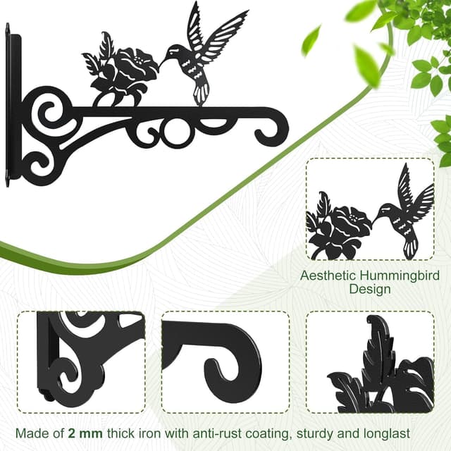 Detalle de Ziwijity 2-Pack Iron Plant Hanger Wall Hooks (Black, 10 inch, 2 PCS)