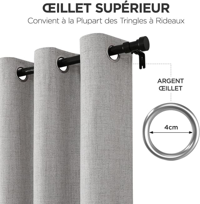 Thumbnail 4 de Joydeco 100% rideau occultant thermique anti-froid et anti-chaleur, 167 x 228 cm (2 panneaux) gris et blanc, à œillets