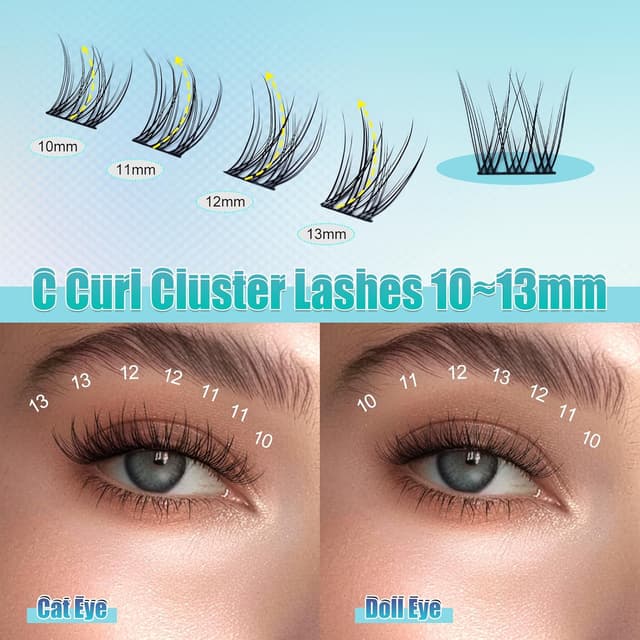 Detalle de Obeyalash künstliche Wimpern natürlich (C-Curl), einzeln & als Cluster-Set, 10–13 mm, 84 Stück – DIY-Wimpernverlängerung