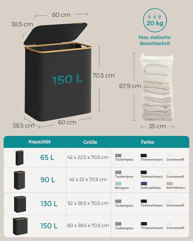 Detalle 2 de SONGMICS Wäschekorb 150 L mit Deckel