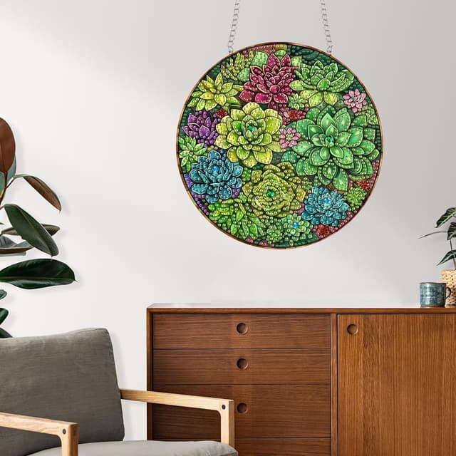 Detalle de Reofrey Diamond Painting Doppelseitiger Anhänger Acrylbrett mit Kette (20x20 cm) – DIY Kristall-Malerei für Fenster, Wand & Garten