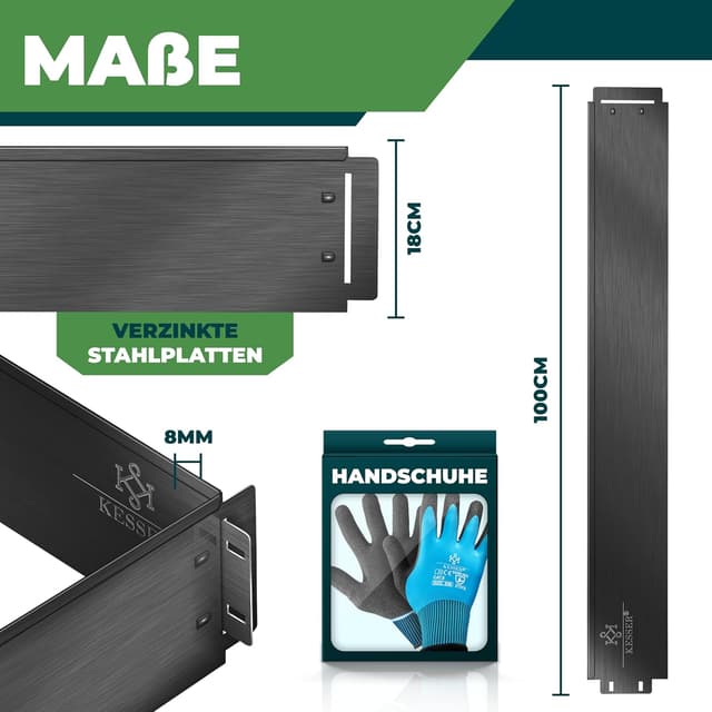 Thumbnail 6 de KESSER® Rasenkante/Beeteinfassung Beetbegrenzung mit Stecksystem, Metall (schwarz) + Handschuhe, 15 m, 100 x 18 cm