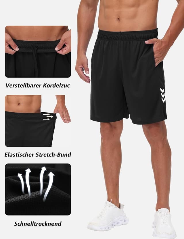 Detalle de kuzwufs Herren Sporthose – kurze, atmungsaktive Dry-Fit Gym- & Lauf-Shorts mit reflektierenden Details
