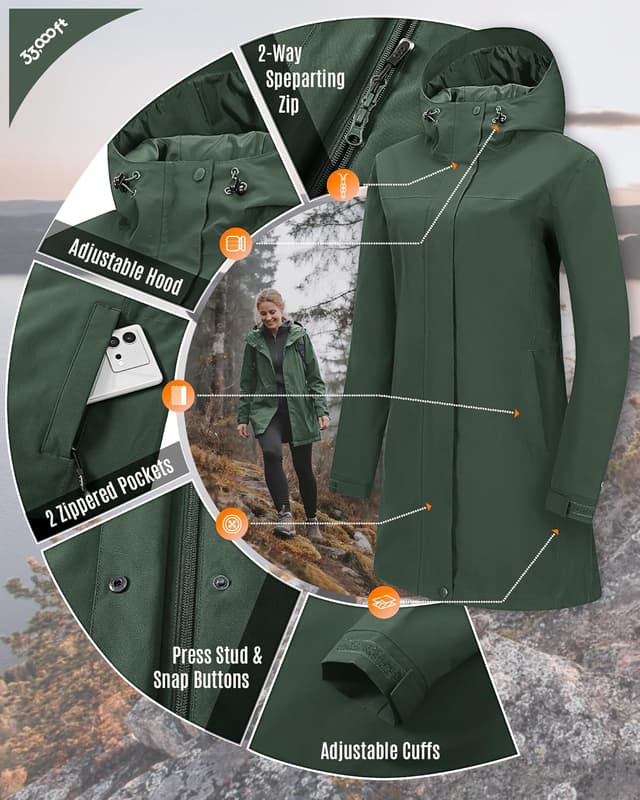 Detalle 2 de 33,000ft Damen Regenjacke Windbreaker lang mit Kapuze – wasserdichte Softshell-Übergangsjacke für Frühling, Sommer & Herbst