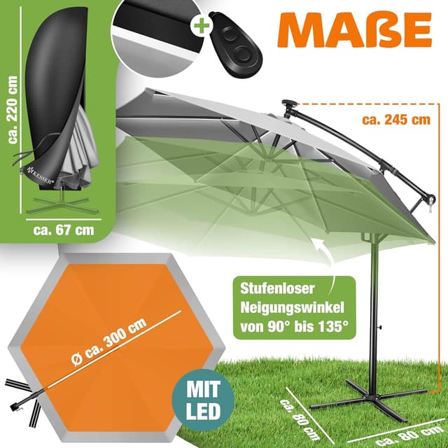 Detalle de KESSER® Alu Ampelschirm LED Solar mit 24 LEDs, Solar, Kurbel und 360° Drehfunktion inkl. Abdeckung & Fernbedienung