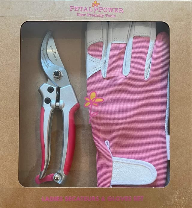 Detalle de Petal Power ladies leather gardening glove (small) & Premier heavy duty secateurs set – pink