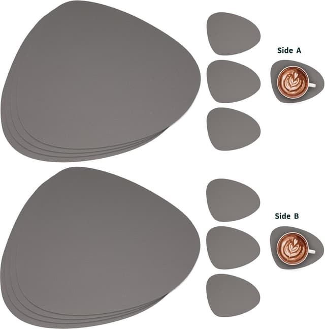 Detalle 2 de Myir JUN Tischsets aus PVC-Kunstleder (doppelseitig) inkl. Untersetzern – Set mit 6, grau
