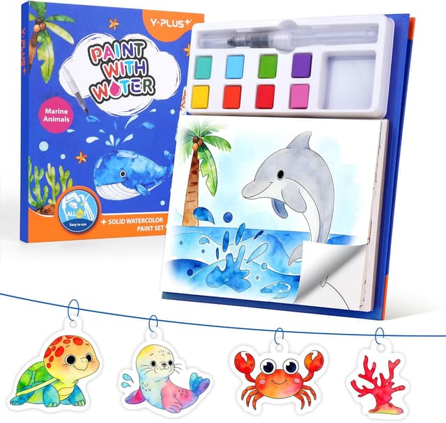 Detalle de YPLUS Wassermalbuch für Kinder ab 3–6 Jahre – Meerestiere mit Wasserfarben, 8 Farben & Wasserpinsel