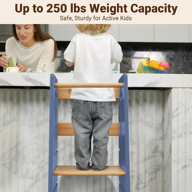 Detalle de COSYLAND Height Adjustable Toddler Standing Tower (3 Levels) – Super Stable Wooden Kitchen Stool Helper