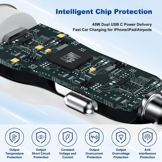 Detalle 2 de iPhone 14/13 Car Charger (Apple MFi Certified) 45W Dual-Port USB-C Adapter with 6ft USB-C to Lightning Cables