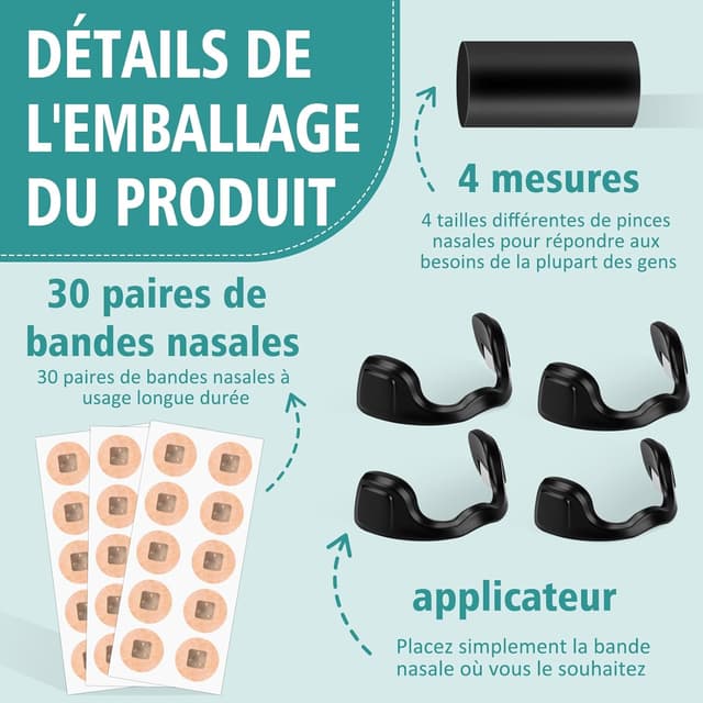 Detalle de Bandelettes nasales magnétiques anti-ronflement (lot de 60) avec 4 pinces nasales – Noir