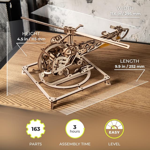 Detalle 2 de UGEARS Mini Elicottero – kit di costruzioni in legno 3D con modello meccanico realistico
