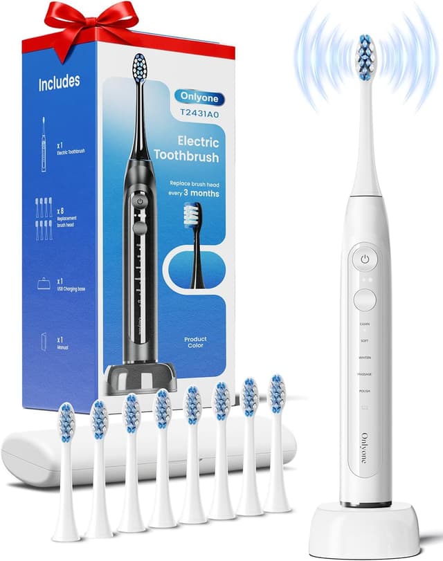 Detalle de Onlyone Sonic Electric Toothbrush for Adults with 8 Brush Heads, 5 Modes, Smart Timer, Travel Case & Wireless Charging