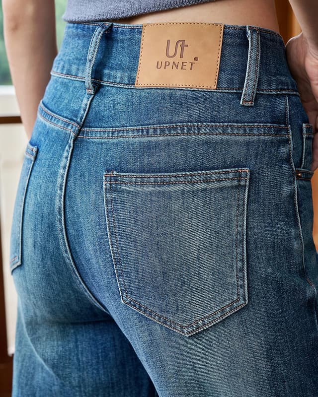 Detalle de UPNET Women’s High Waisted Baggy Jeans with Tummy Control (Stretchy Wide Leg) — Short or Regular Length