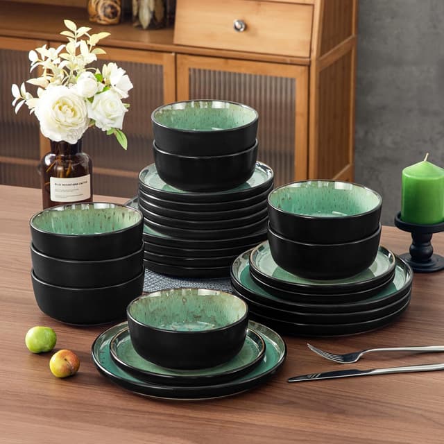 Thumbnail 6 de vancasso AMBER Series Turf Green Stoneware Dinnerware Set (24-Piece: Plates & Bowls) — Microwave & Dishwasher Safe