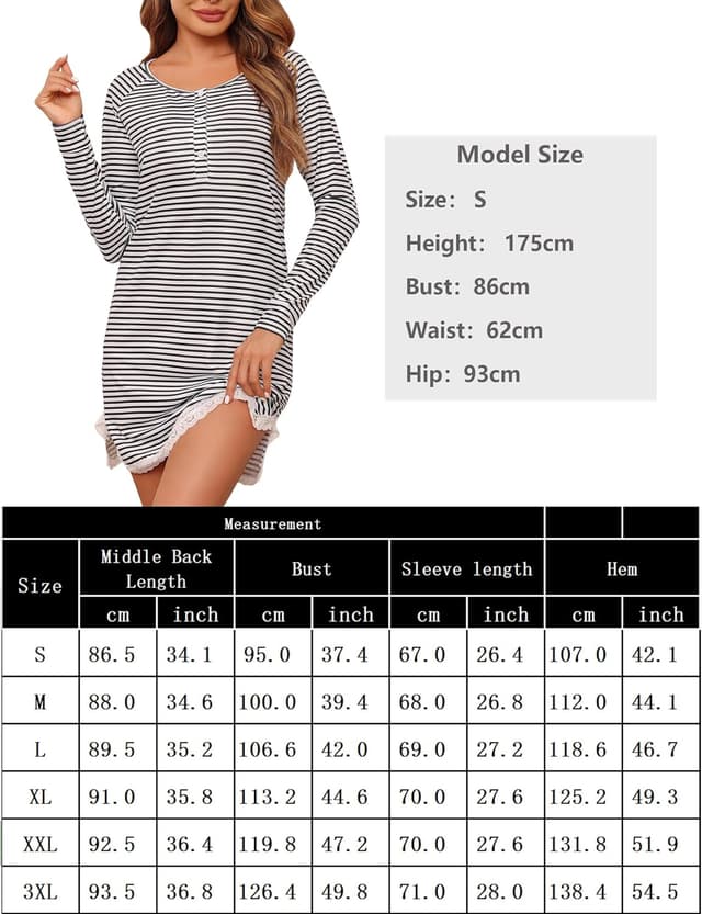 Detalle 2 de Uniexcosm chemise de nuit femme à rayures en coton mélangé, manches longues