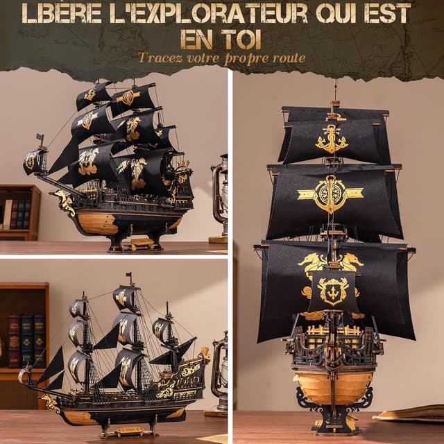 Detalle de ROKR Puzzle 3D en bois MCB02 Barque Hippocampe (603 pièces) – maquette de bateau à construire